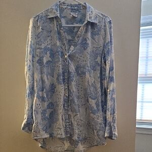 Sigrid Olsen Linen Blue Floral Button-Up Shirt